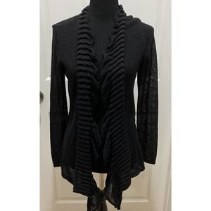 Eileen Fisher Black Ruffle Open Front Cardigan Top Size Medium Rayon Linen